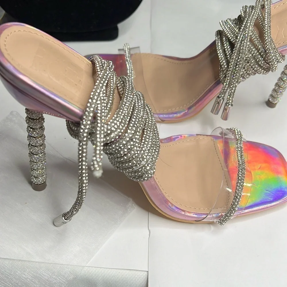 Wrap Around Sz 7.5 Soft Crystal Embossed Wraparound Pink Purple Metallic Heels